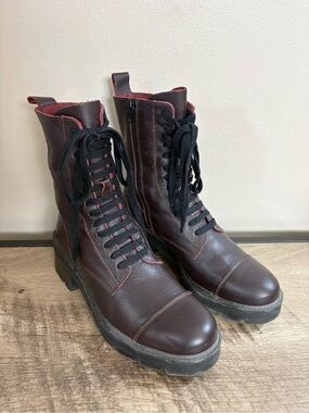 Women's Men's ZARA Black Cherry Leather PLATFORM Combat MOTO Lace Up BOOTS  40